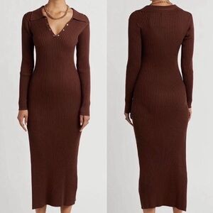 DISSH Chocolate Brown Ribbed V‑Neck Long Sleeve Midi Dress